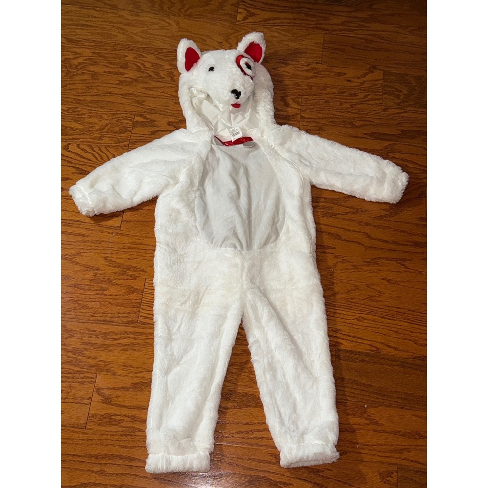 Target Bullseye Dog Mascot Costume Toddler 2T-3T White Faux Fur Hooded Jumpsuit